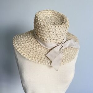 VTG Women's Hat Straw Wide-Brim‎ Ribbon Weaved Prairie Cottage Photo Shoot USA